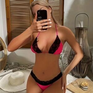 Pink and Black Lace Bikini Set
